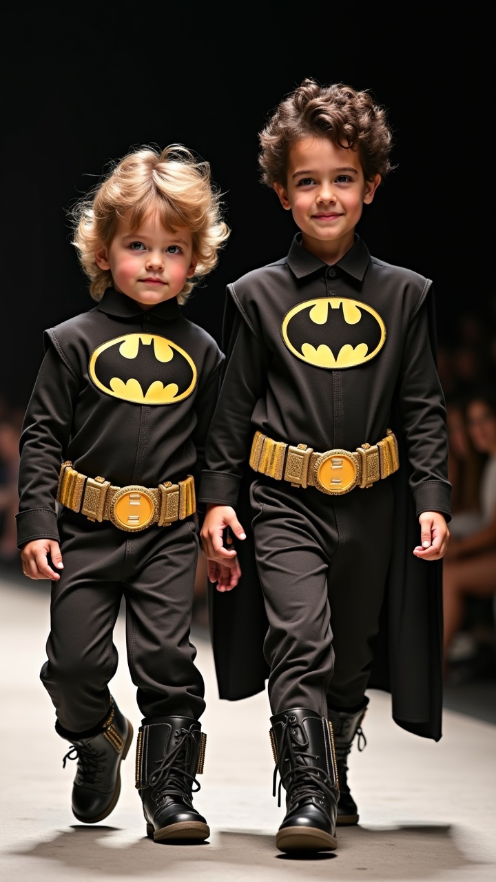 two young children dressed as Batman walking on a runway