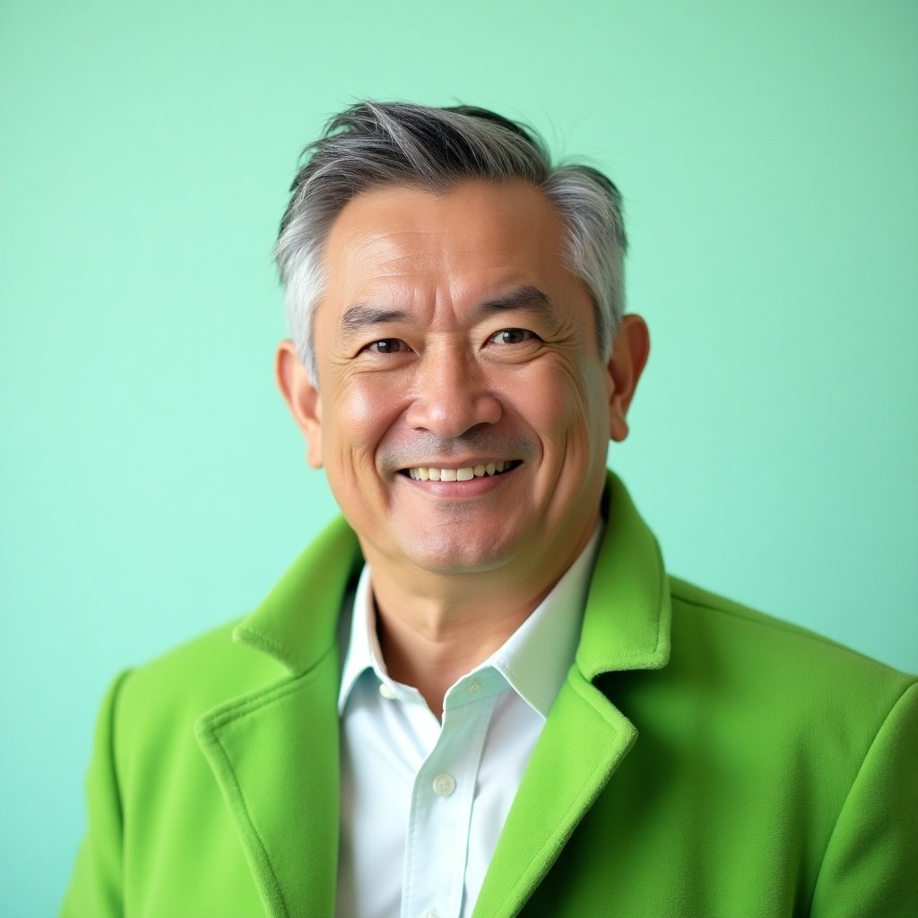 A man with gray hair wears a bright green coat and a white shirt. The background is pale teal. The man is smiling and the image has a modern look.