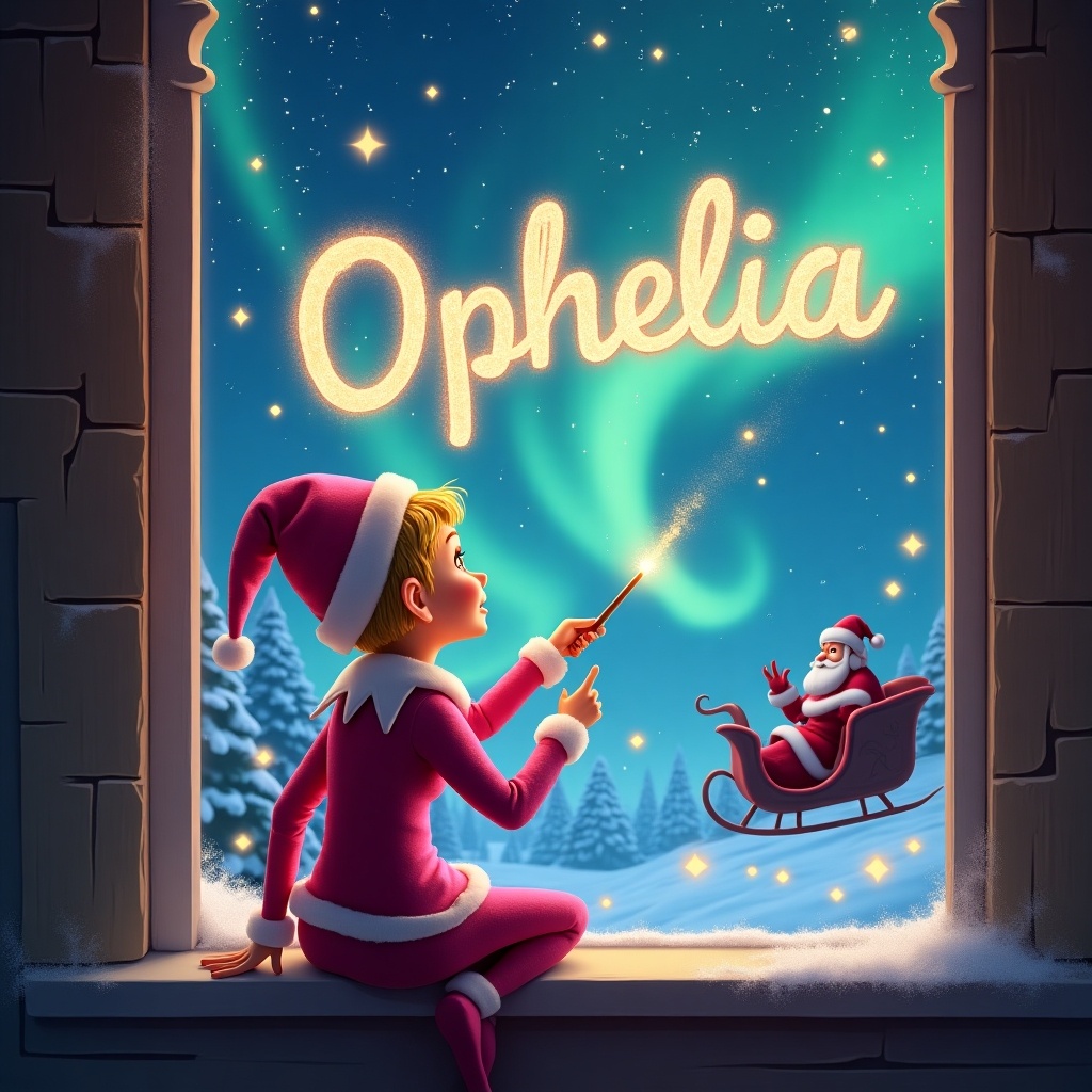 The image features an elf sitting on a window ledge with his back to the viewer. He is facing the sky and using a wand to write the name 'Ophelia' in shimmering letters. The background is enchanting, depicting a magical Christmas scene complete with twinkling stars and colorful northern lights. In the background, Santa Claus can be seen in his sleigh, adding to the festive atmosphere. The elf is dressed in a pink outfit and a pointed hat, emphasizing the holiday spirit. The overall scene conveys warmth and joy associated with Christmas festivities. It captures a delightful moment that sparks imagination and wonder in viewers.