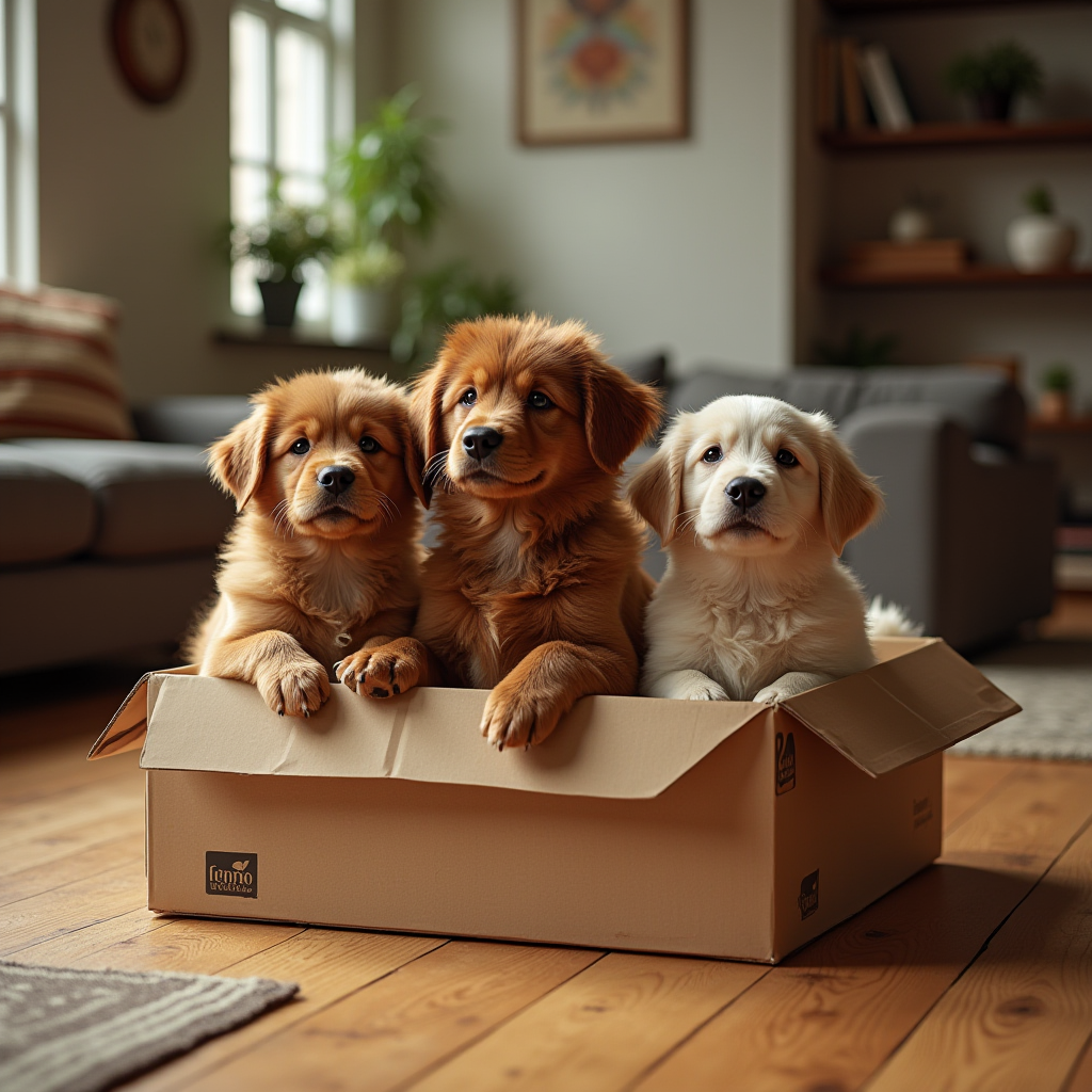 Three adorable puppies sit snugly in a cardboard box in a cozy living room setting.