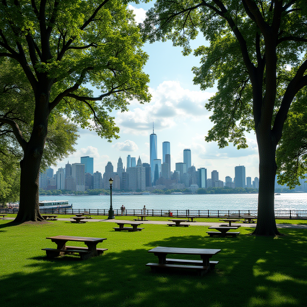 A city skyline viewed from a park with lush green trees and picnic tables.