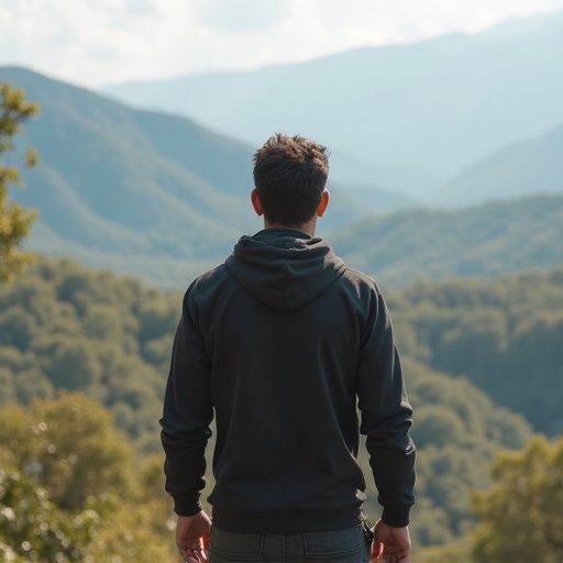 Entire body shot of a man gazing towards a vast landscape. Man is standing with back facing the camera. Lush green mountains and a blue sky in the background.