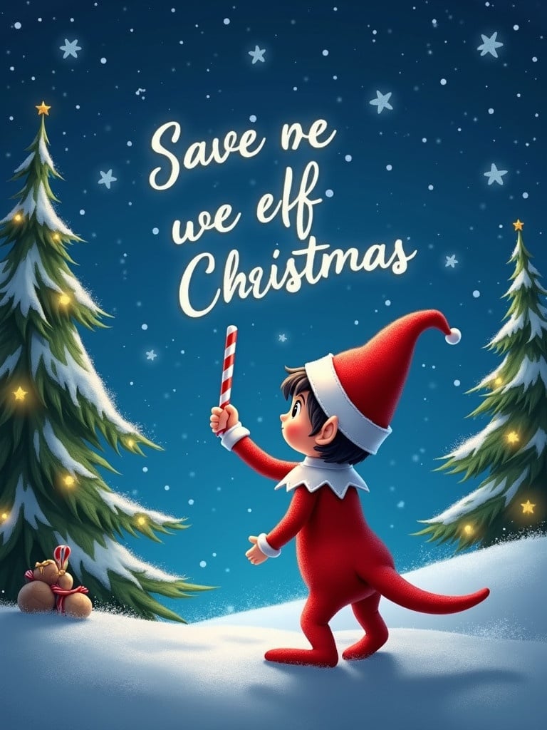 An adorable elf with its back turned against a starry night sky. The elf is in red and white, holding a candy cane and waving. It magically writes a warm message in the sky. Snowflakes fall in a wintry landscape with evergreen trees and twinkling lights.