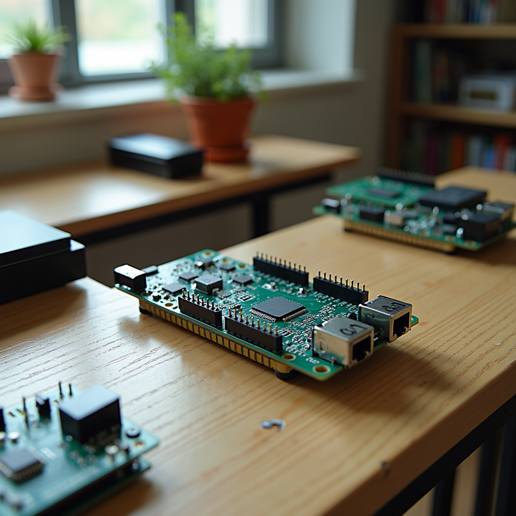 A few circuit boards are placed on wooden tables in a room with potted plants.