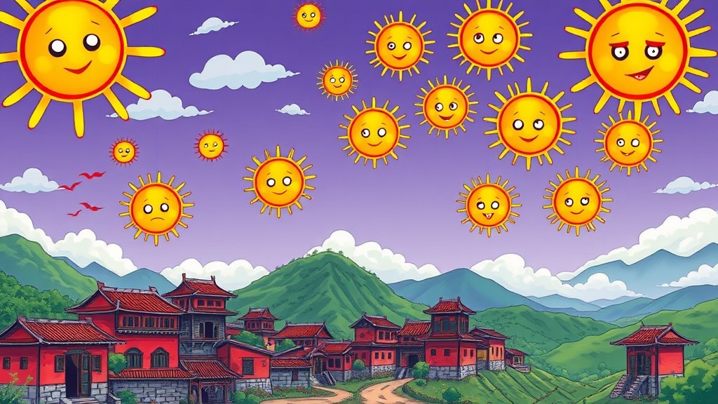 A whimsical scene of multiple smiling suns floating above a serene village at the foot of rolling green hills under a purple sky.