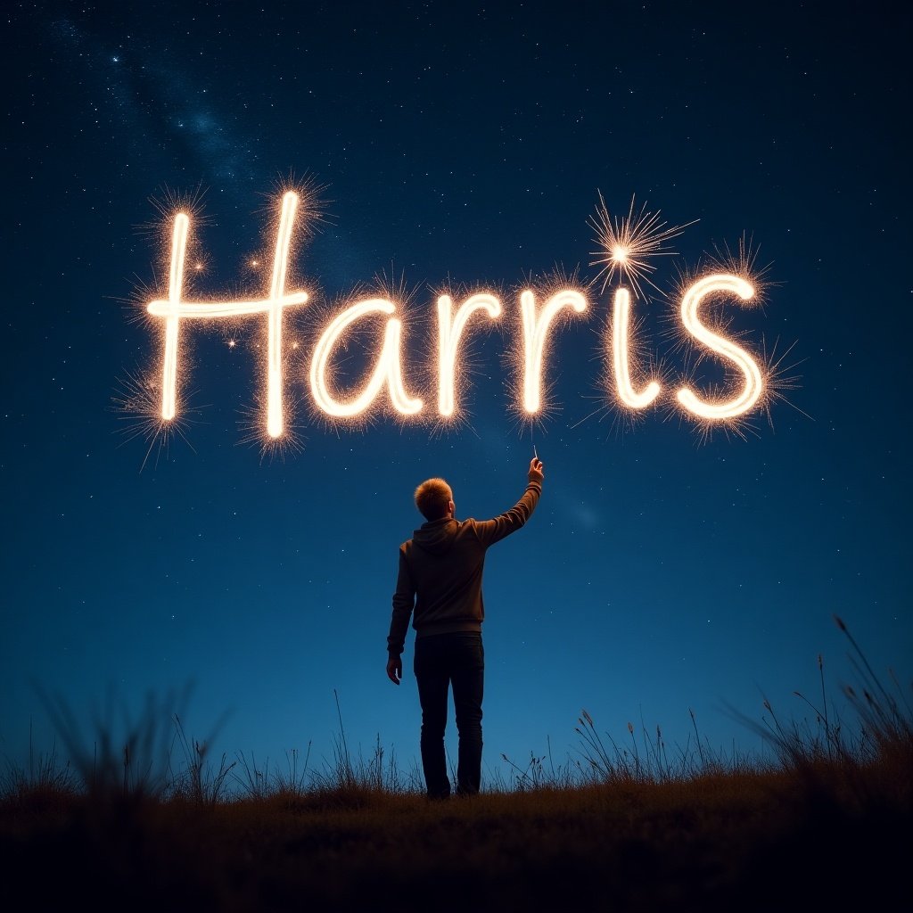 The image captures a person standing on a grassy hillside at night, illuminated by the bright glow of sparklers. They are writing the name 'Harris' in the air, creating a lively display against the dark sky. Stars are twinkling in the background, enhancing the magical feel of the scene. The person is in silhouette, adding a sense of mystery and focus on the name being created. This evocative moment symbolizes celebration and creativity, making it visually striking and engaging.