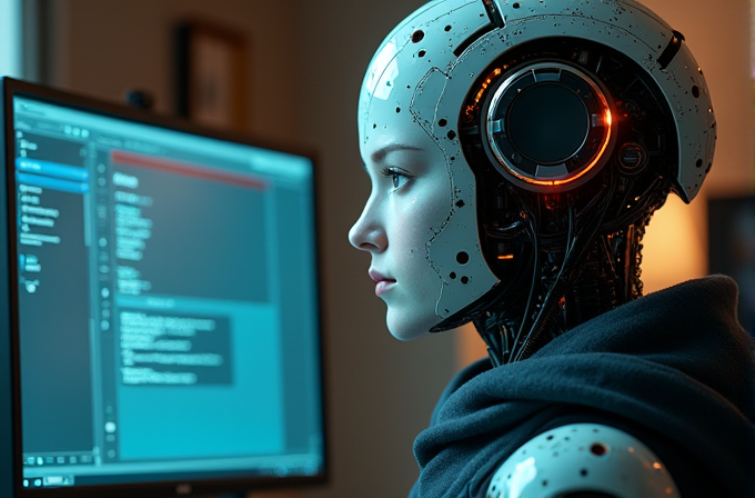 A humanoid robot with sleek, futuristic features works intently on a computer, its head showing intricate mechanical components illuminated by a soft glow, suggesting advanced technology integration.