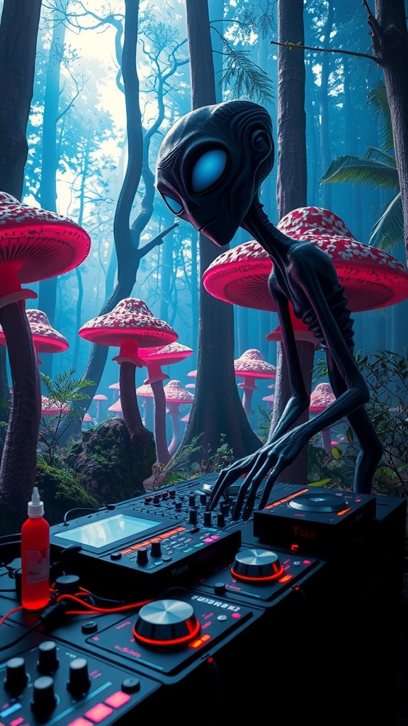 An extraterrestrial DJ mixing music in a forest of giant mushrooms.