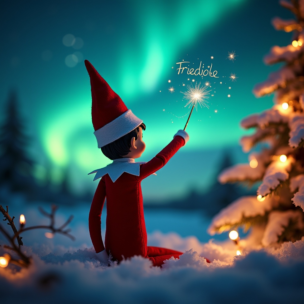 Magical Christmas scene featuring an elf with a traditional outfit. The elf is turned away from the viewer, facing the night sky. The elf uses a wand to write names in the air. The background depicts vibrant northern lights, with a festive tree adorned in lights.