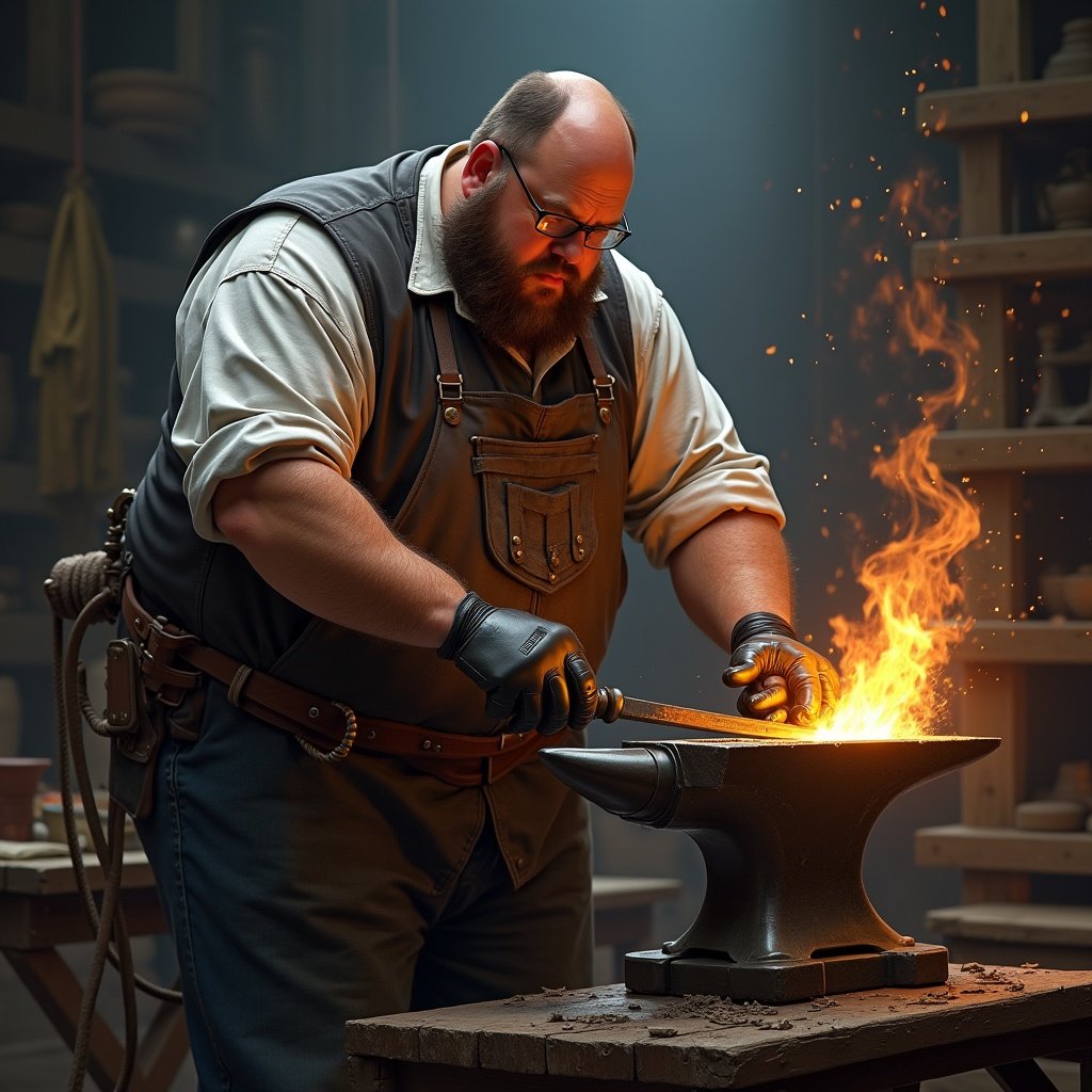 A character simulating a blacksmith's work, hammering on an anvil with sparks flying. The setting appears to be a workshop filled with tools and wooden shelves. The character showcases a sturdy build and is focused on creating something innovative resembling AI.