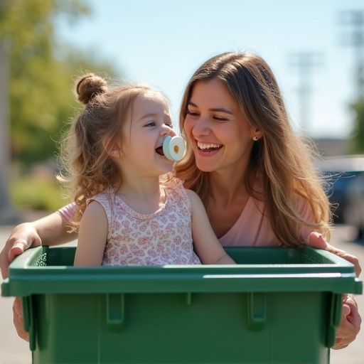 Mother plays with daughter by placing her in a large green trash container. Daughter holds a large pacifier. Bright sunny outdoor setting with a lively atmosphere.