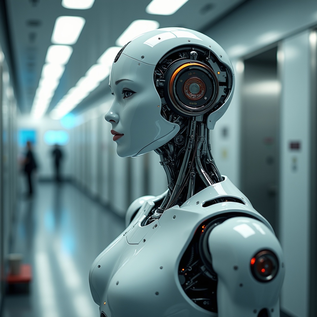 Humanoid robot stands in a futuristic laboratory. Sleek metallic design highlights advanced technology. Soft ambient lighting enhances the setting. Neutral tones provide a subdued background.