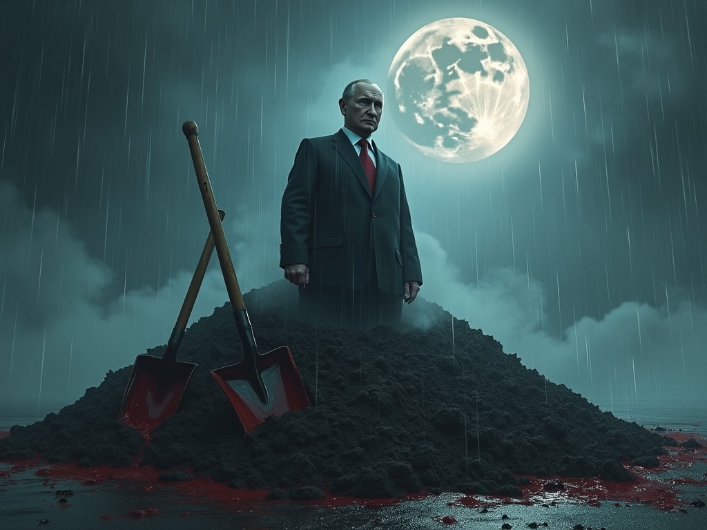 This image features a suit-clad figure standing dominantly atop a mound of dark soil with two shovels planted beside them. The scene is set under a large, looming moon amidst a steady rain, casting an eerie and dramatic atmosphere. The ground is soaked with a red liquid, heightening the tension and giving a sinister undertone to the composition.