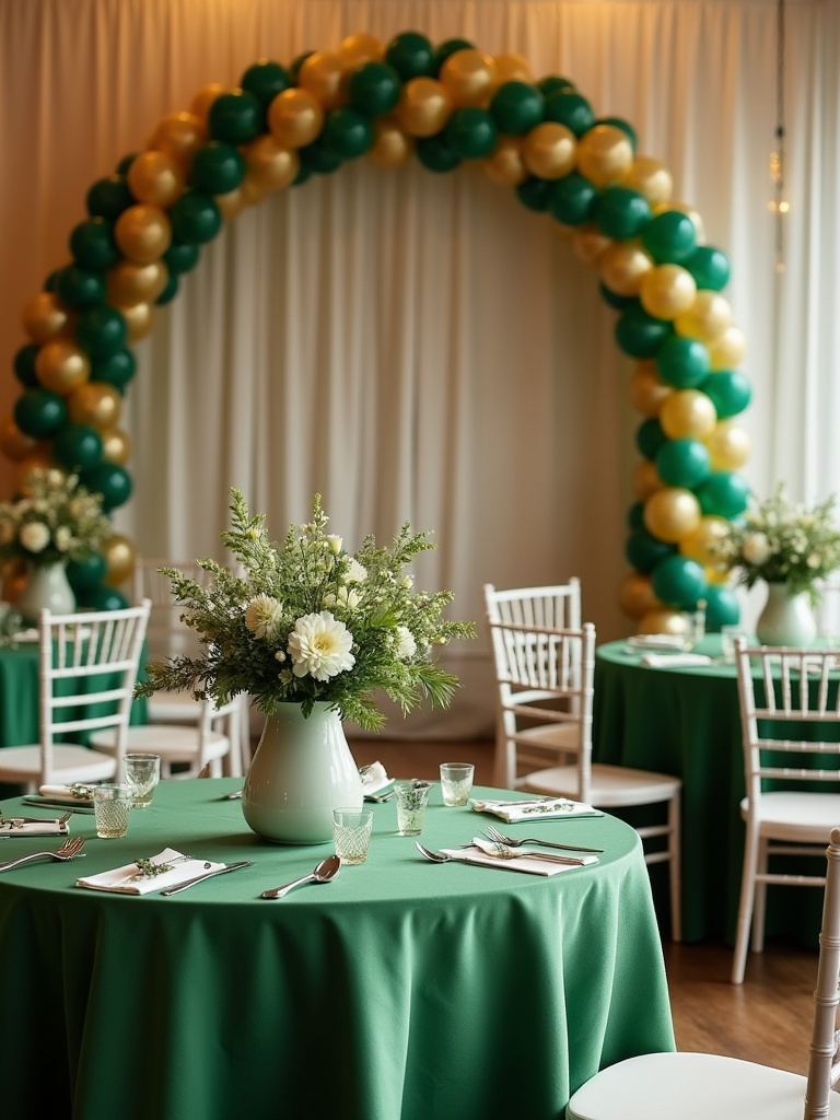 A banquet room features round tables dressed in green table linens. White and green flowers are arranged in white vases on the tables. A green and gold balloon arch spans the room. Each side of the stage has balloon towers made of green and gold balloons.