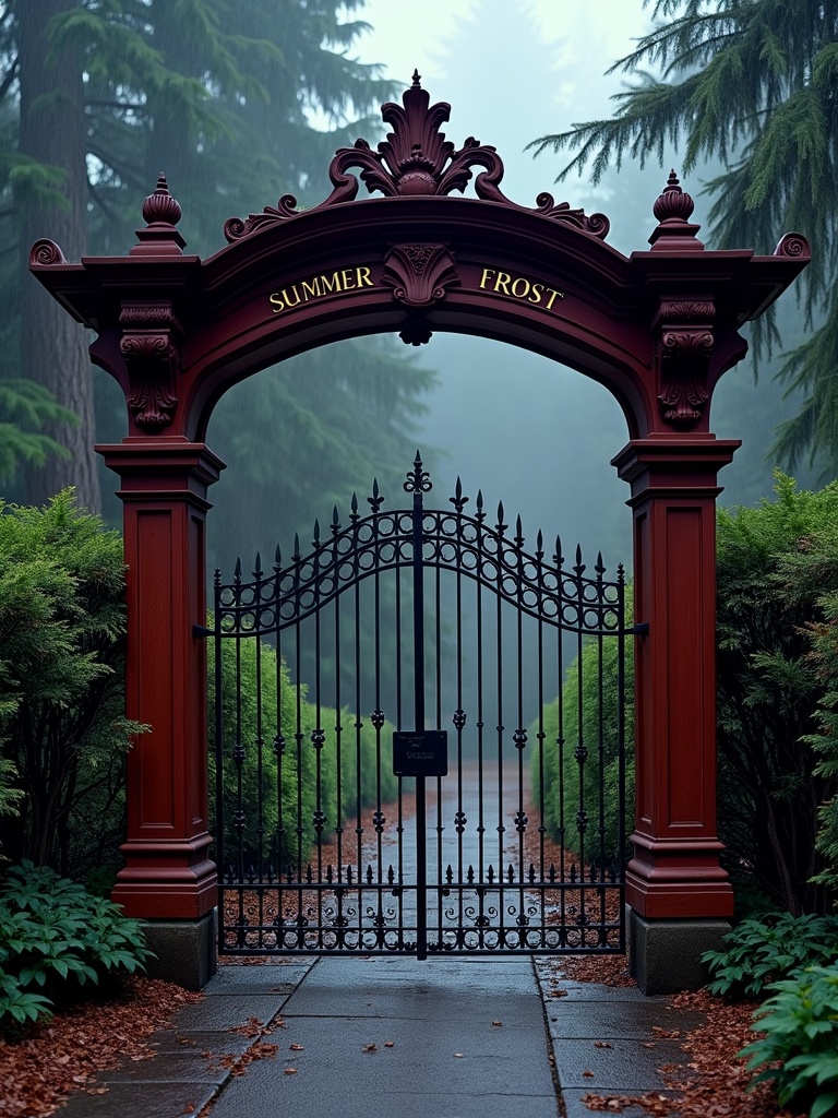 The image captures a regal wrought iron gate with elaborate designs, framed by an ornate red arch bearing the words 'Summer Frost.' The gate stands on a path surrounded by lush, green foliage, and a mysterious mist hangs in the background, creating an enchanting atmosphere. The overcast sky and surrounding pine trees add to the scene's sense of mystery and tranquility.