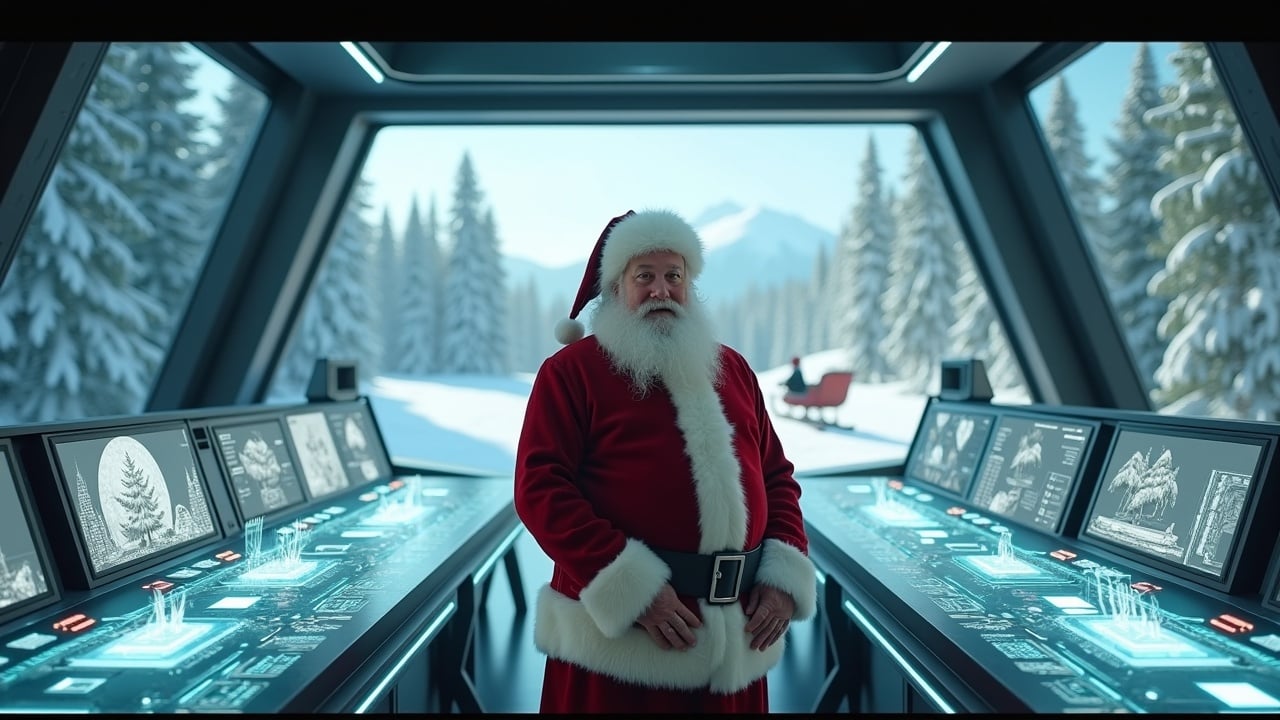 Cinematic image showcases Santa Claus in high-tech room looking to the camera. Holographic designs add modern touch. Openings reveal snowy woods and sky. Sleigh with reindeer parked. Wide shot with Santa surrounded by glowing models.