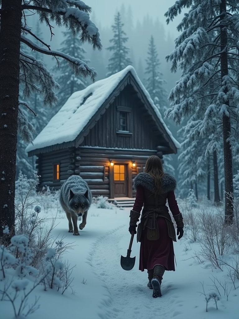 Scene shows a warrior woman with an axe walking towards a dimly lit wooden cabin. A giant wolf accompanies her in a snowy forest. It's cold with fog and snowflakes in the air. The cabin appears to have signs of a supernatural attack.