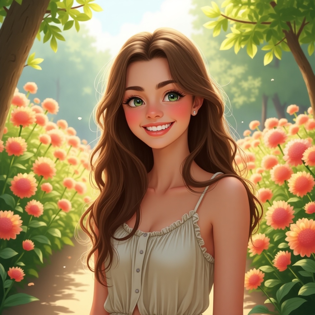 Smiling young woman with long brown hair stands among pink flowers in a sunny outdoor setting. She wears a light top and has a joyful expression. Background features blooming flowers and lush greenery.