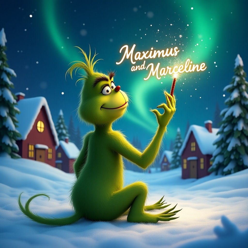 Whimsical scene featuring the Grinch in the snow. Back facing the camera. Holds a sparkling wand. Writing names in the sky. Snowy landscape with Whoville houses and evergreen trees. Northern Lights shimmer in the background. Essence of childhood magic and Christmas cheer.