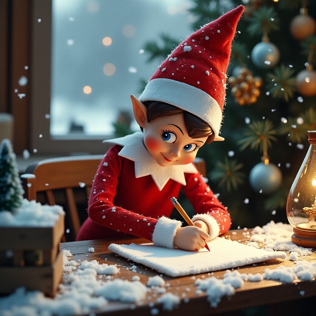 Elf character dressed in red and white writing on paper in snow. Christmas tree in background. Warm lantern light creates a cozy atmosphere.