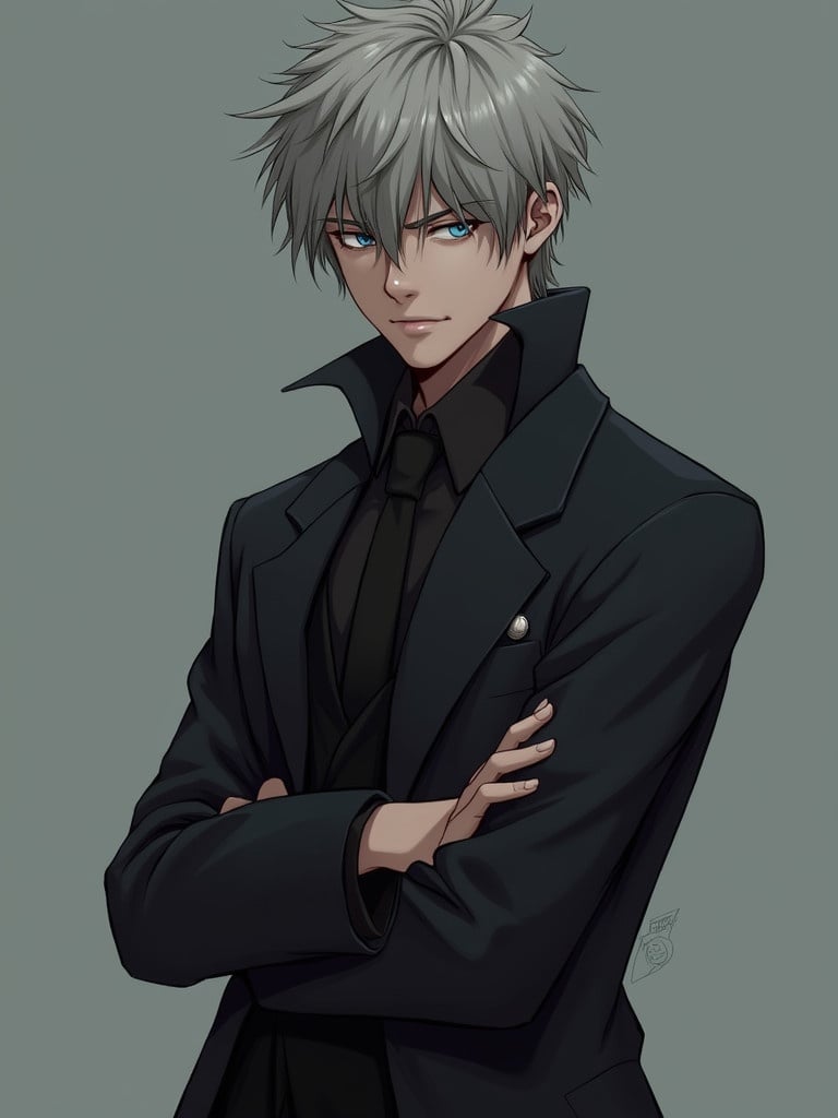 Luca stands tall with crossed arms. He has messy grey hair and wears a black outfit. His expression conveys coldness and detachment. There is a hint of hidden sadness in his eyes. Portrayed in a digital art style.