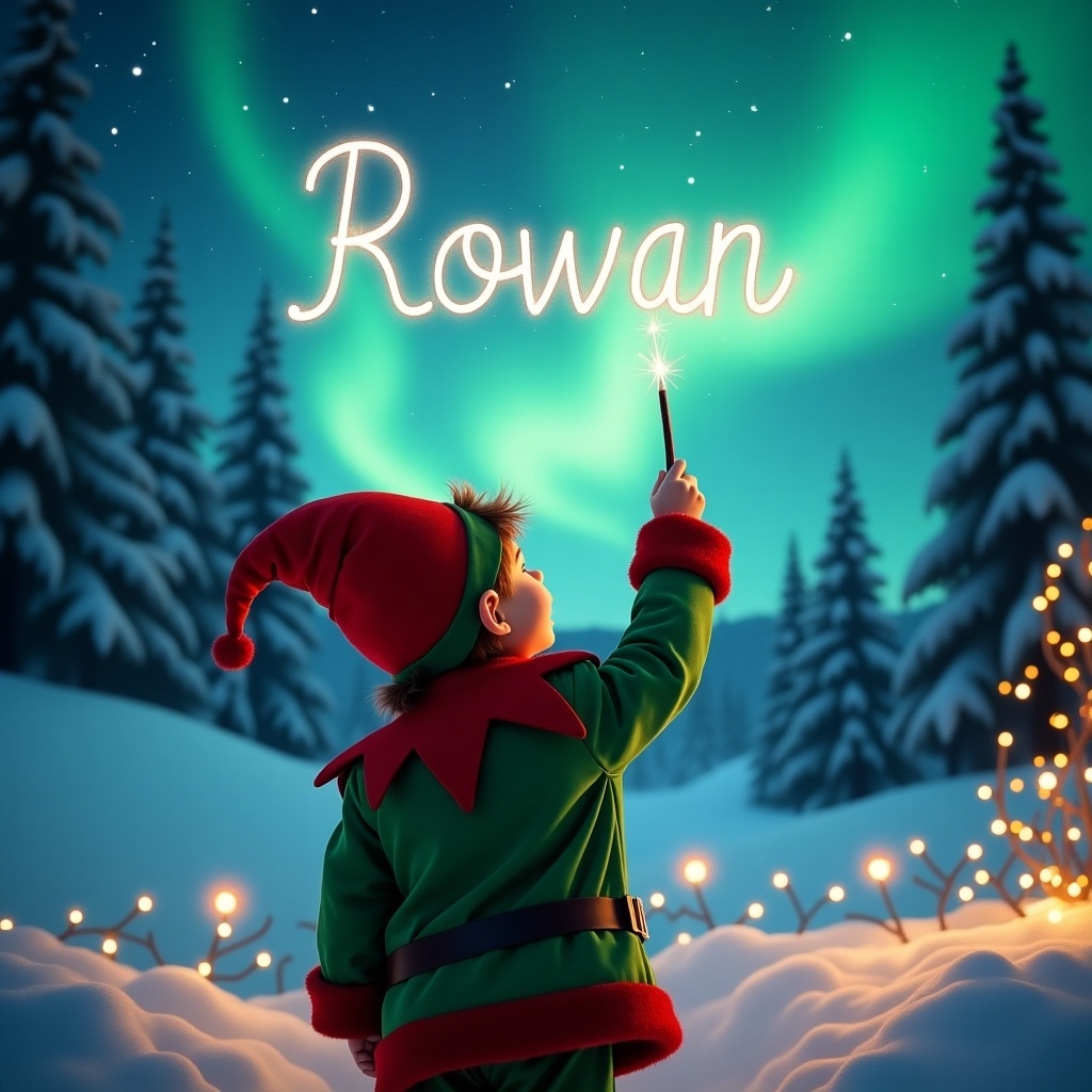 Scene of a child dressed as an elf facing away. Child looks up at the sky using a wand to write 'Rowan'. Northern lights above a winter landscape with snow-covered trees. Twinkling lights in the foreground. Mood is cheerful and festive for the holidays.