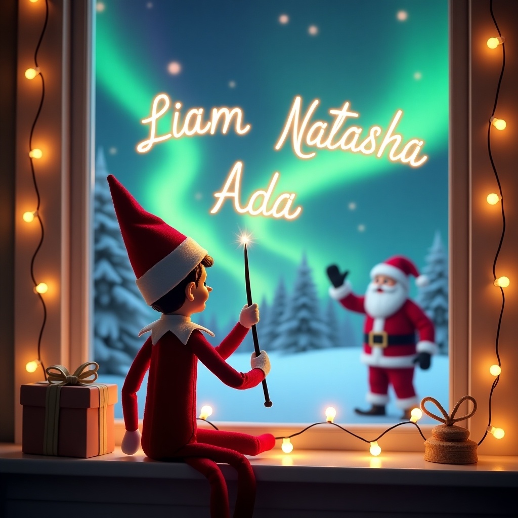 An enchanting Christmas scene featuring an elf on the shelf, who is facing the sky with his back to the viewer. The elf, dressed in red and white, wields a magic wand, writing 'Liam' and 'Steele' in a glowing script above him. The backdrop is adorned with vibrant northern lights, adding a magical ambiance. The scene is festive, portraying the spirit of Christmas with a whimsical twist. In a cozy room during Christmas, the elf holds a wand, skillfully tracing the names 'Natasha' and 'Ada' in the air as colorful northern lights dance in the sky. In the background, Santa Claus appears joyfully, creating a heartwarming holiday atmosphere. The window frame is adorned with twinkling lights, enhancing the enchanting feel of the scene.