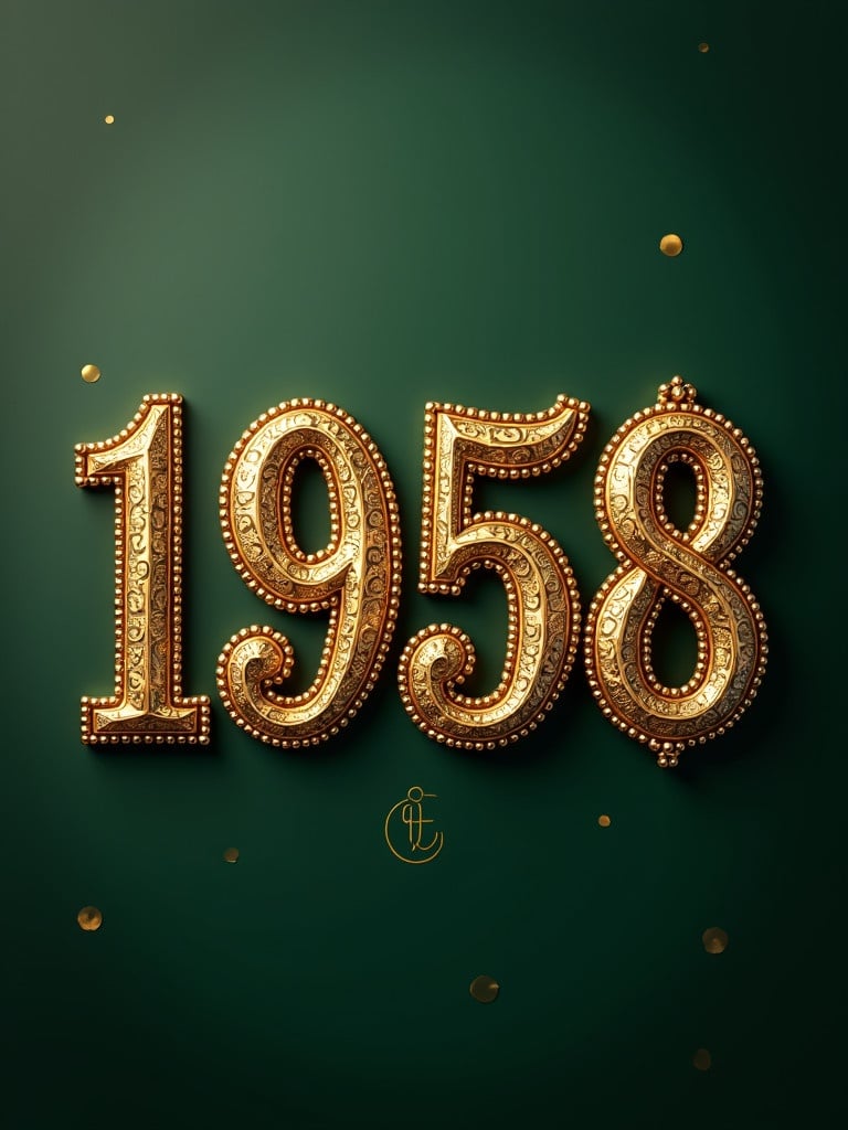 Golden numbers 1958 with intricate designs against a dark green background. Richly embellished with decorative features. Evokes nostalgia for the year 1958.