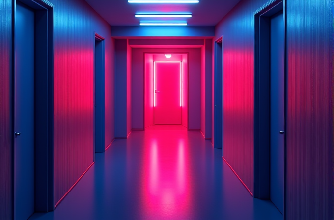 A dimly lit hallway with blue and pink neon lights, featuring a glowing door at the end and several doors along the sides.