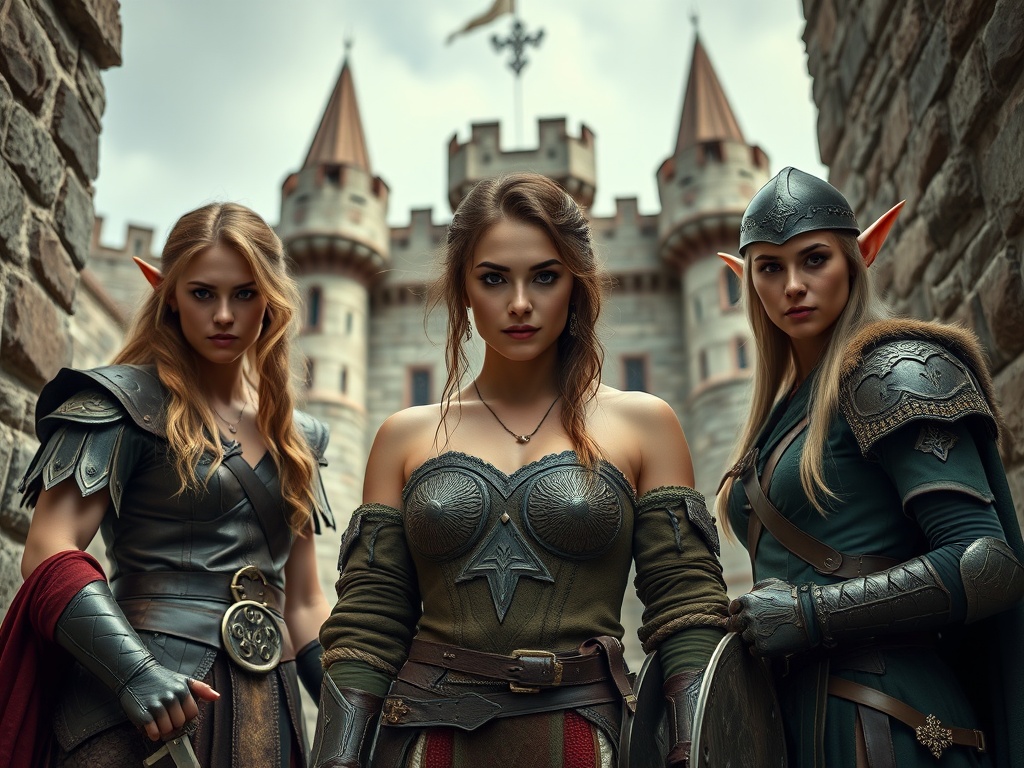 Three armored fantasy elves stand poised and determined before a grand castle.