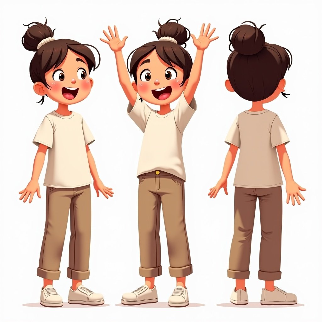 Cartoon character in a hooray and excited pose. Cheerful girl with a bun hairstyle. She wears a plain shirt and trousers with white sneakers. The design features front, side, and back views.