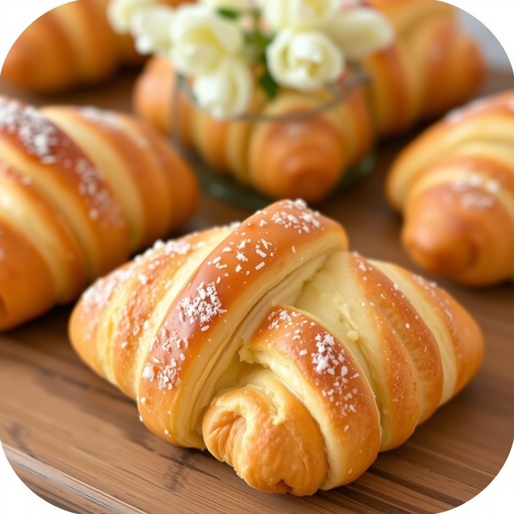 Freshly baked croissants dusted with powdered sugar are artfully arranged on a wooden table.