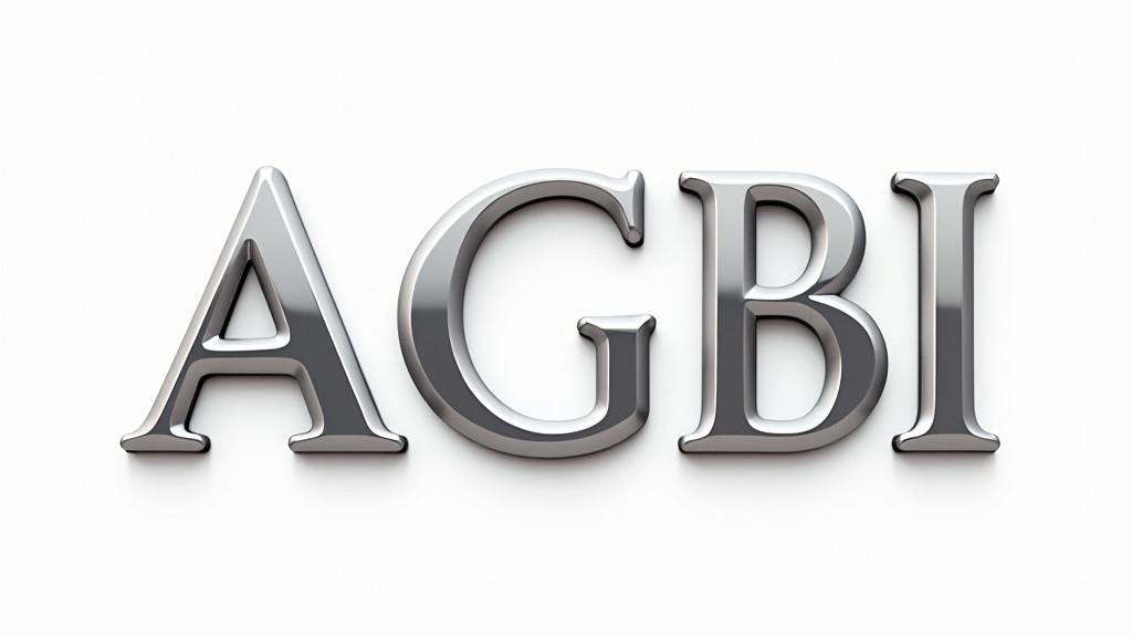 Create the words AGBI in elegant serif font. Design the letters in silver metallic color. Arrange the text in a 3D style on a white background. Ideal for logos and invitations.