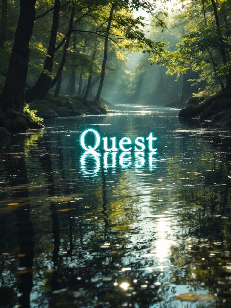 The scene depicts a quiet forest with a calm river. Sunlight filters through the trees and reflects on the water. The word 'Quest' appears in the water, shimmering invitingly. Nature serves as a backdrop for introspection and adventure.