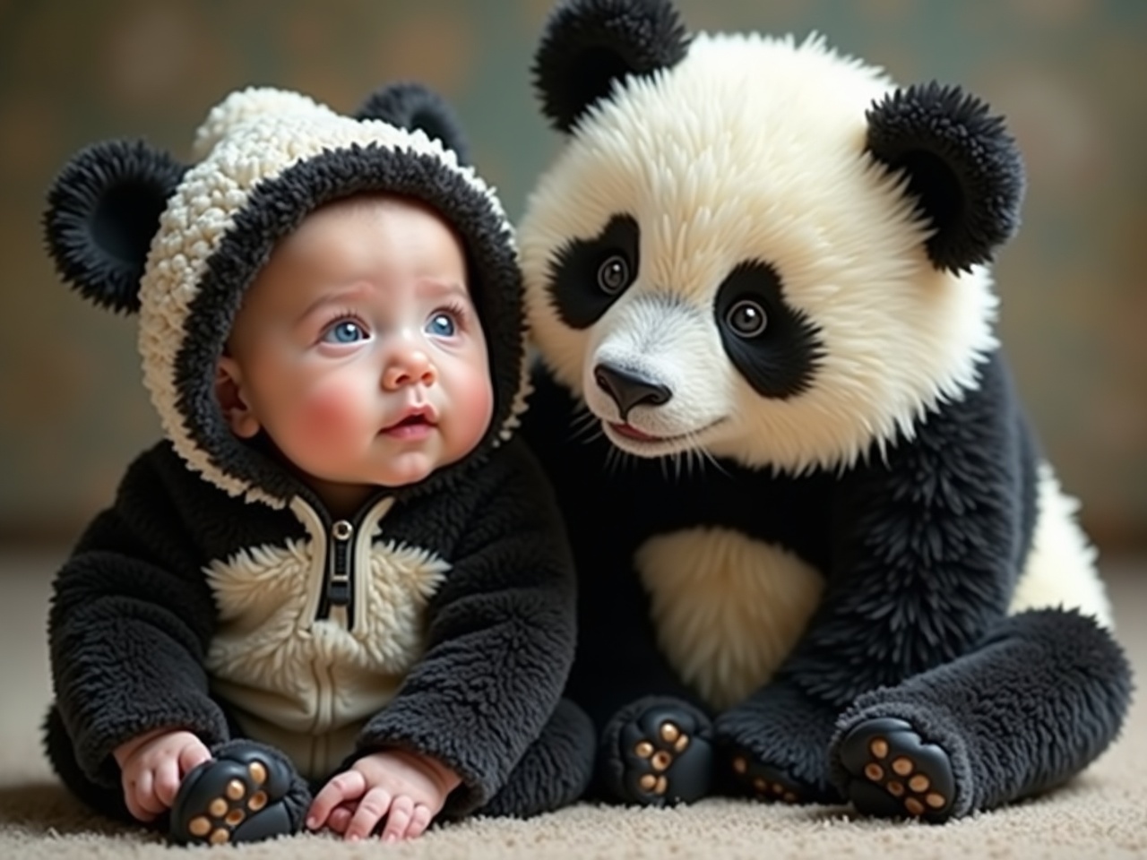 Create an engaging video featuring a baby dressed in adorable panda bear clothes sitting next to a soft, cuddly panda bear. The baby should have a curious expression, gazing at the panda, which is looking back at the baby. The scene should be set in a cozy indoor environment, enhancing the playful and heartwarming interaction. Use soft, natural lighting to emphasize the tender moment between the child and the panda. Ensure the panda looks realistic yet approachable to appeal to a family-oriented audience.