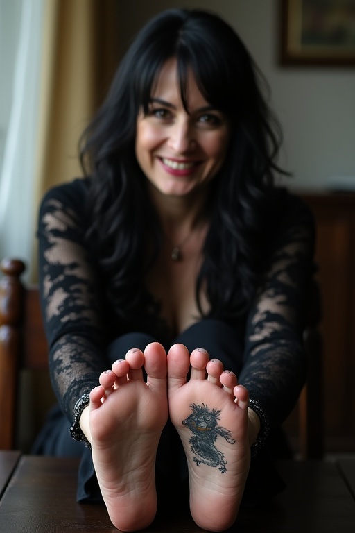 Image features a mature goth woman with black long hair showing tattoos on her soles of her bare feet. She is sitting on the chair with her feet on the table. She is smiling.