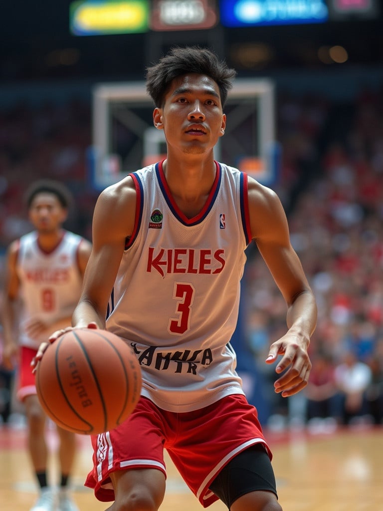 Basketball player on the court during game action. Asian basketball team uniforms are visible. Player dribbles ball with focused expression. Team spirit is present in the background.