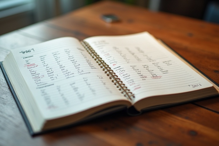 An open planner displayed on a wooden table. The planner has handwritten notes and dates listed on its pages.