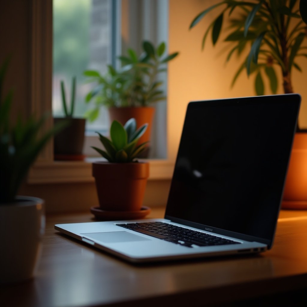 A laptop sits on a wooden desk reflecting a warm glow from ambient lighting. Potted plants are visible in the background, creating a cozy environment. Blurred background focuses on comfort and productivity.