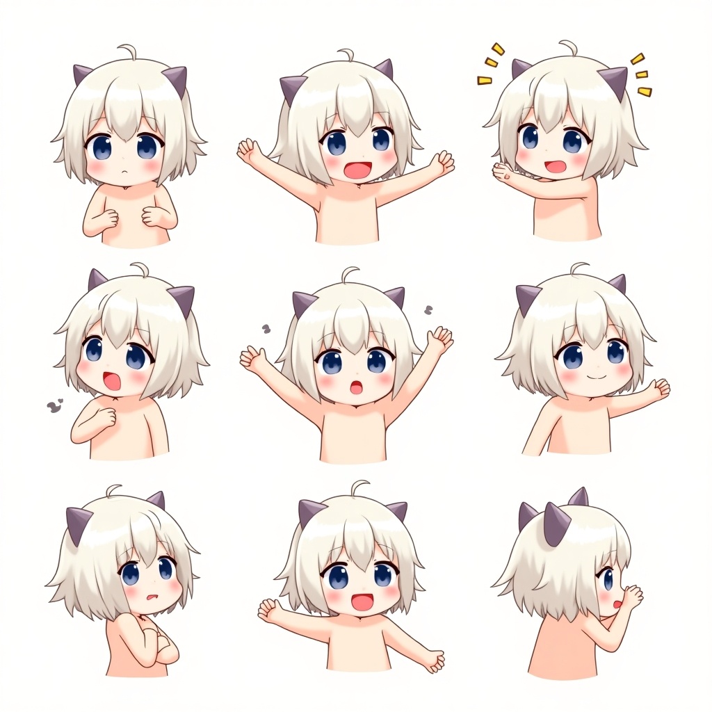 Anime-style character illustrated in various cute and playful expressions in different poses.