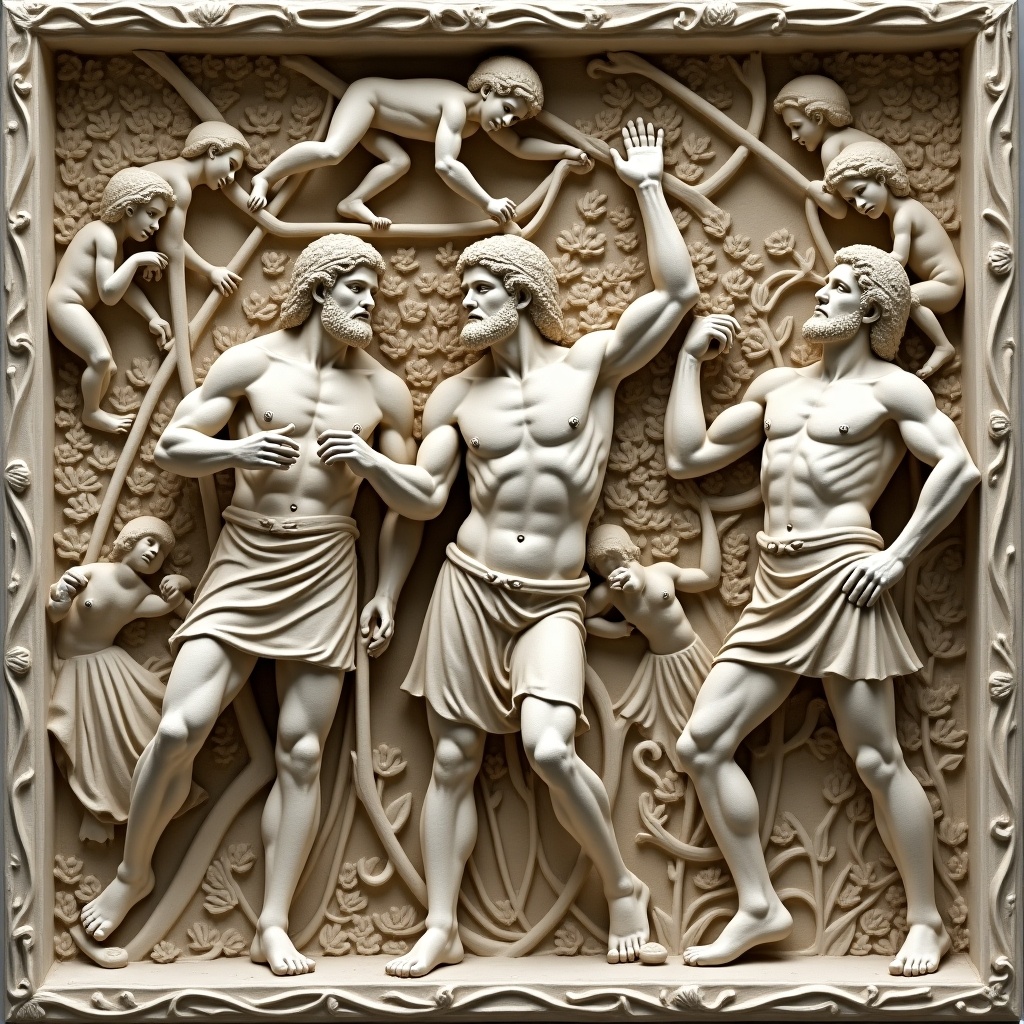 Bas relief sculpture featuring multiple figures in dynamic poses. Emphasis on muscular anatomy and intricate details. Background adorned with foliage and additional characters.