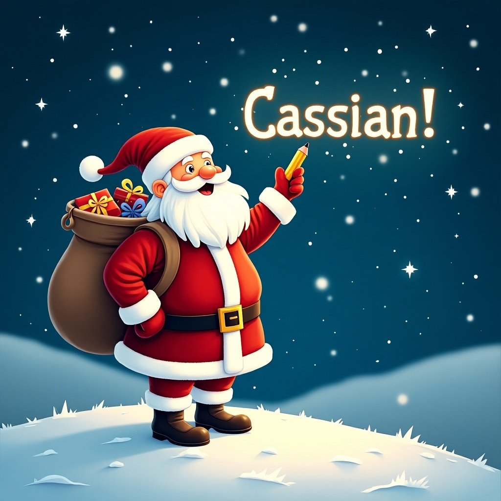 Santa Claus stands on a snowy hill. Under a starry night sky, he holds a pencil. Santa writes names of children like 'Cassian!' in the sky. Dressed in red and white suit, a large sack of gifts is on his back. Twinkling stars surround him, adding to the festive mood.