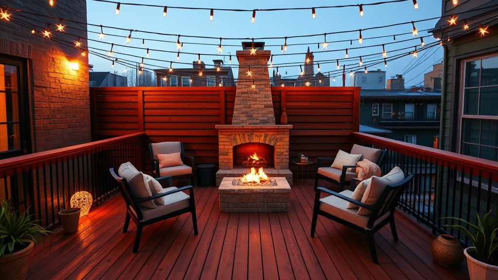 This cozy outdoor space features a wooden deck adorned with comfortable seating around a central stone fireplace. Overhead, string lights create a warm, inviting glow. The ambiance is perfect for intimate gatherings or quiet relaxation, set against a backdrop of neighboring rooftops and a twilight sky.