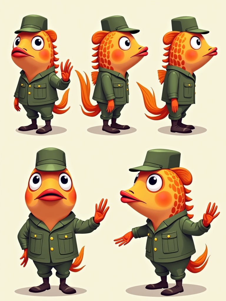 Different angles of a cartoon army fish in uniform. The fish is looking dopey. It has a playful and colorful design. The character wears a military outfit with a hat. The fish stands in various poses. The background is light and simple.