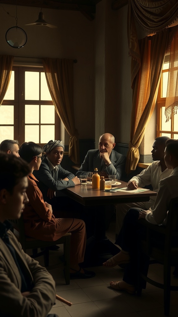 A group of people sit around a dimly lit table, engaged in conversation, illuminated by warm window light.