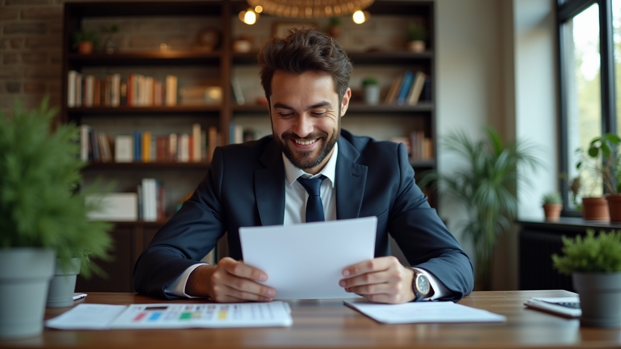 A business professional in a modern office, wearing a suit and smiling as he looks at a document on his desk, surrounded by plants and shelves with books. The setting is well-lit with natural light, creating a warm and productive atmosphere.