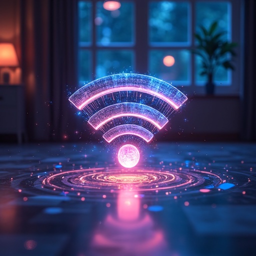 A digital illustration of a glowing Wi-Fi symbol in a modern room. The symbol appears to be floating above a circular glow on the floor. The background is blurred, suggesting a home environment.