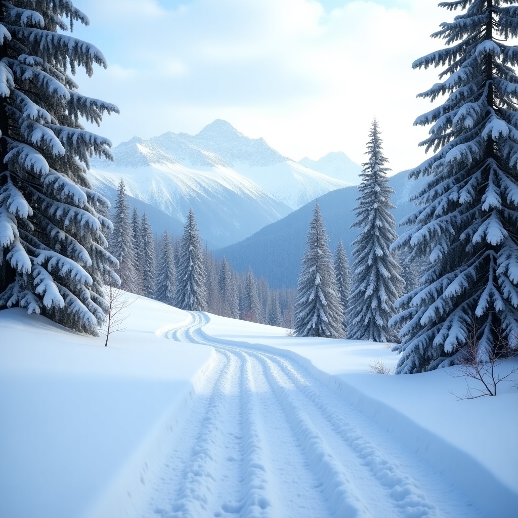 Capture a serene winter landscape with snow-covered trees and distant mountains. Include a winding path through the snow with visible tyre tracks. Display soft overcast light creating a gentle glow. Evoke feelings of peace and nature's beauty.