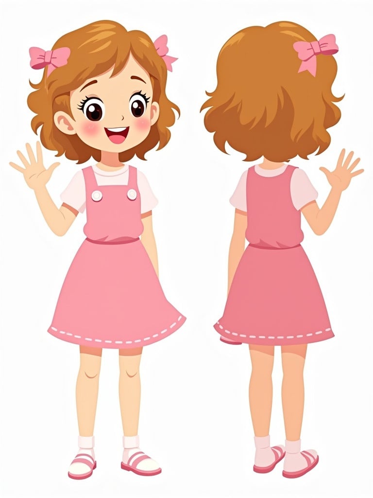 Cartoon character showing a cheerful girl with curly golden brown hair. She wears a pink dress and has pink bows in her hair. The girl shows front, side, and back views while waving.