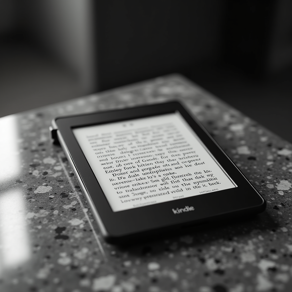 A Kindle e-reader resting on a speckled table with an open book displayed.